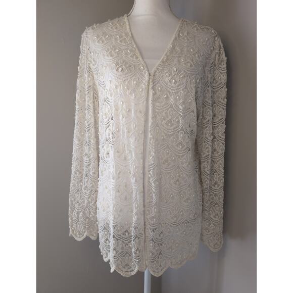 Vintage Scala beaded lace feminine pearl layering cardigan coverup XL - Picture 1 of 11